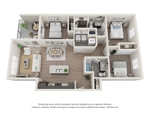 Floor plan for 3 beds, 2 baths, 1159 sqft